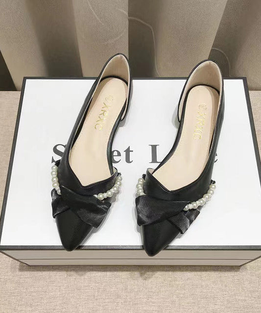 Black Bow Pearl Splicing Boutique Flat Shoes Pointed Toe XC1053