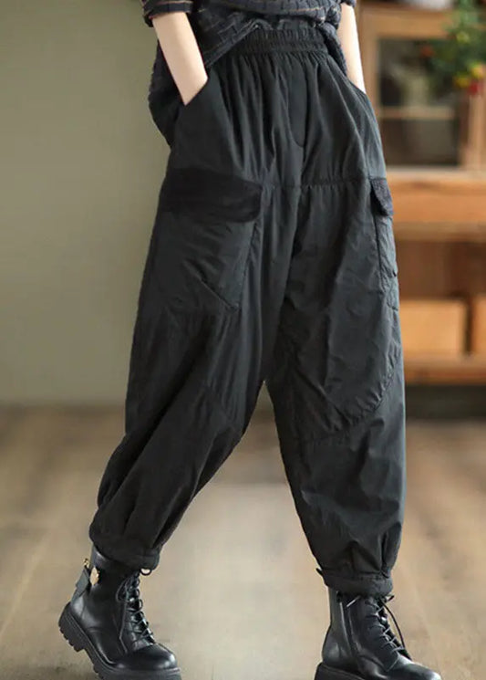 Black Elastic Waist Thick Fleece Pants Winter Ada Fashion