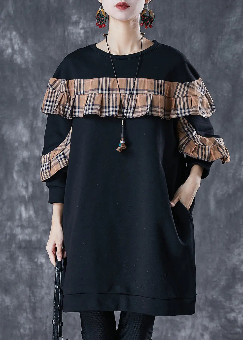 Black Loose Patchwork Cotton Sweatshirt Dress Ruffled Fall Ada Fashion