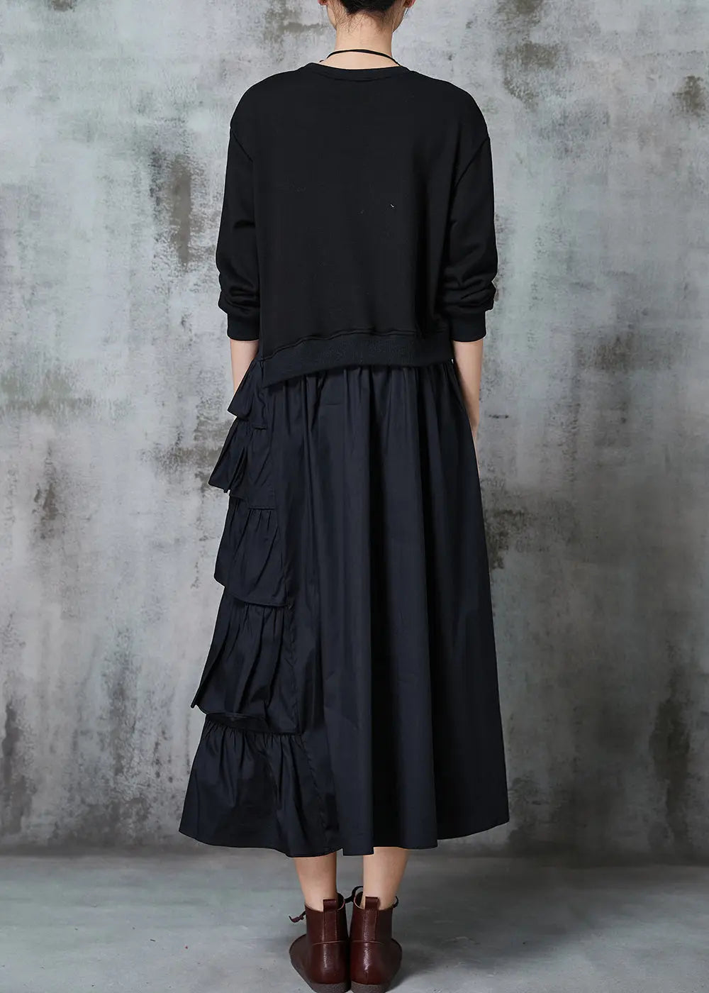 Black Patchwork Cotton Sweatshirt Dress Layered Ruffled Spring Ada Fashion
