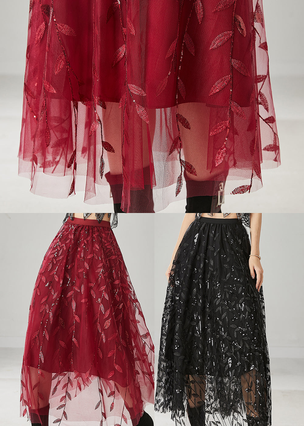 Black Tulle Holiday Skirt Leaf Sequins Spring YU1019