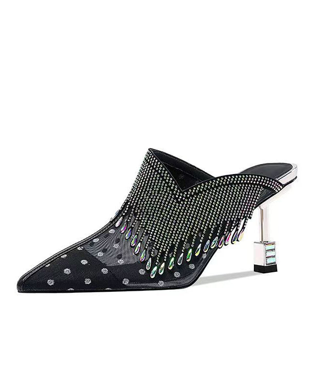 Black Tulle Zircon Tassel Slide Sandals Fashion Pointed Toe CZ1052