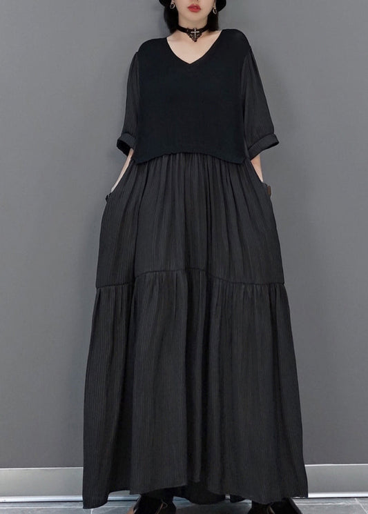 Black Wrinkled Vacation Long Dresses Half Sleeve VB1003