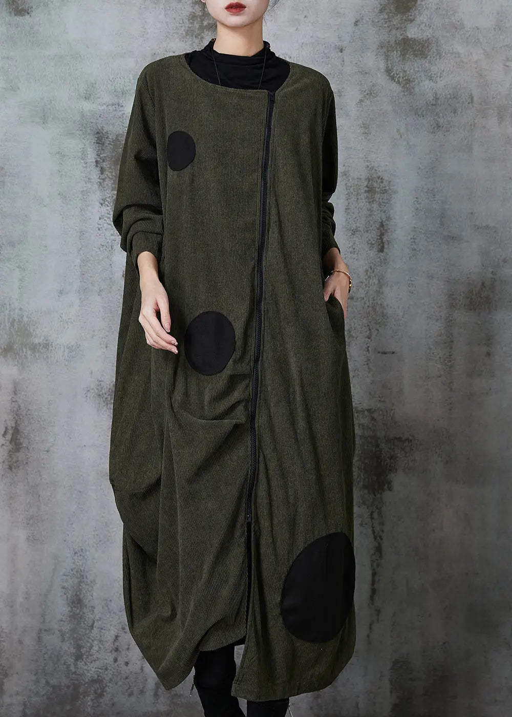 Blackish Green Dot Cotton Trench Coat Asymmetrical Spring Ada Fashion