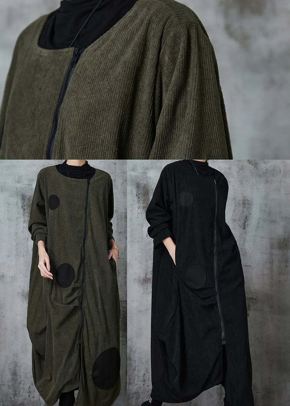 Blackish Green Dot Cotton Trench Coat Asymmetrical Spring Ada Fashion