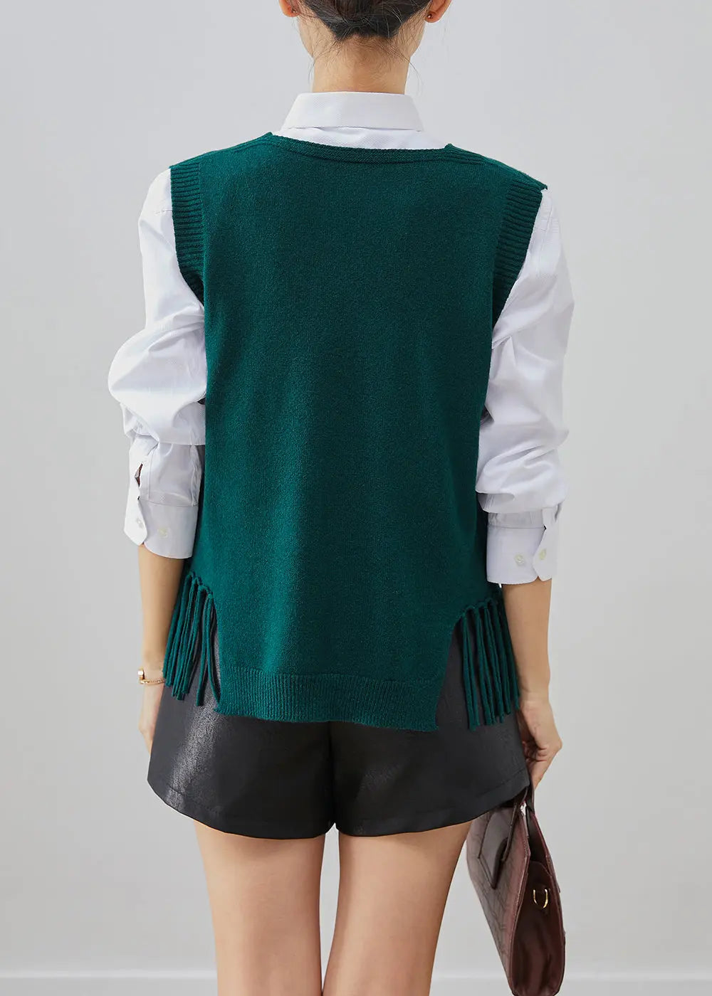 Blackish Green Knit Vest Tops Tasseled Fall Ada Fashion