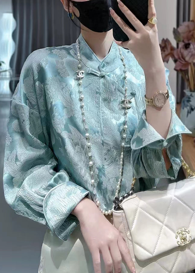 Blue Sky Blue Print Silk Shirt Stand Collar Long Sleeve Ada Fashion