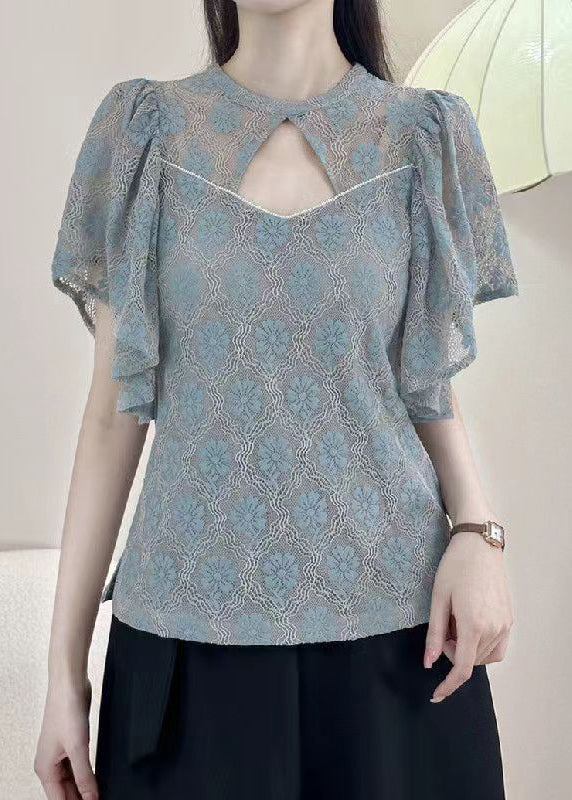 Blue Solid Button Blouses O-Neck Short Sleeve OP1017