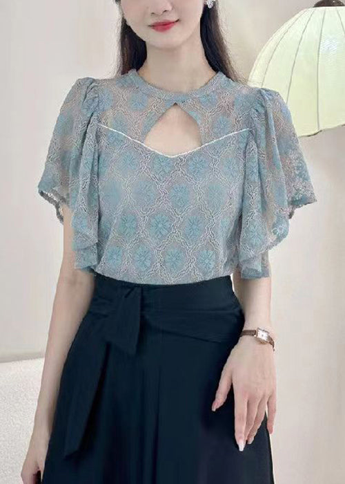 Blue Solid Button Blouses O-Neck Short Sleeve OP1017