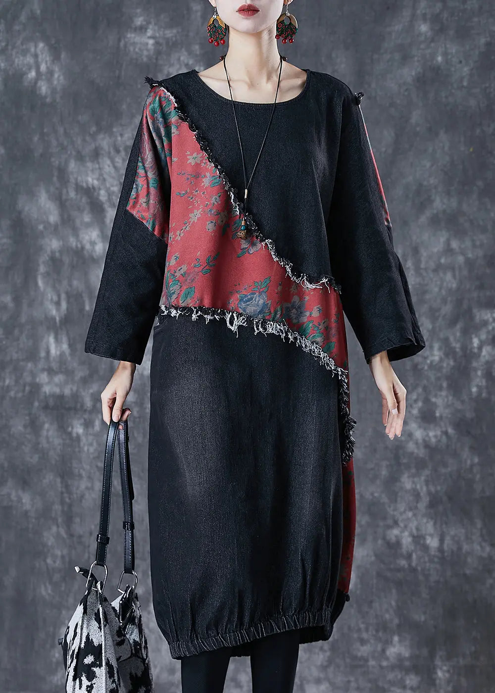 Bohemian Black Asymmetrical Patchwork Denim Holiday Dress Fall Ada Fashion