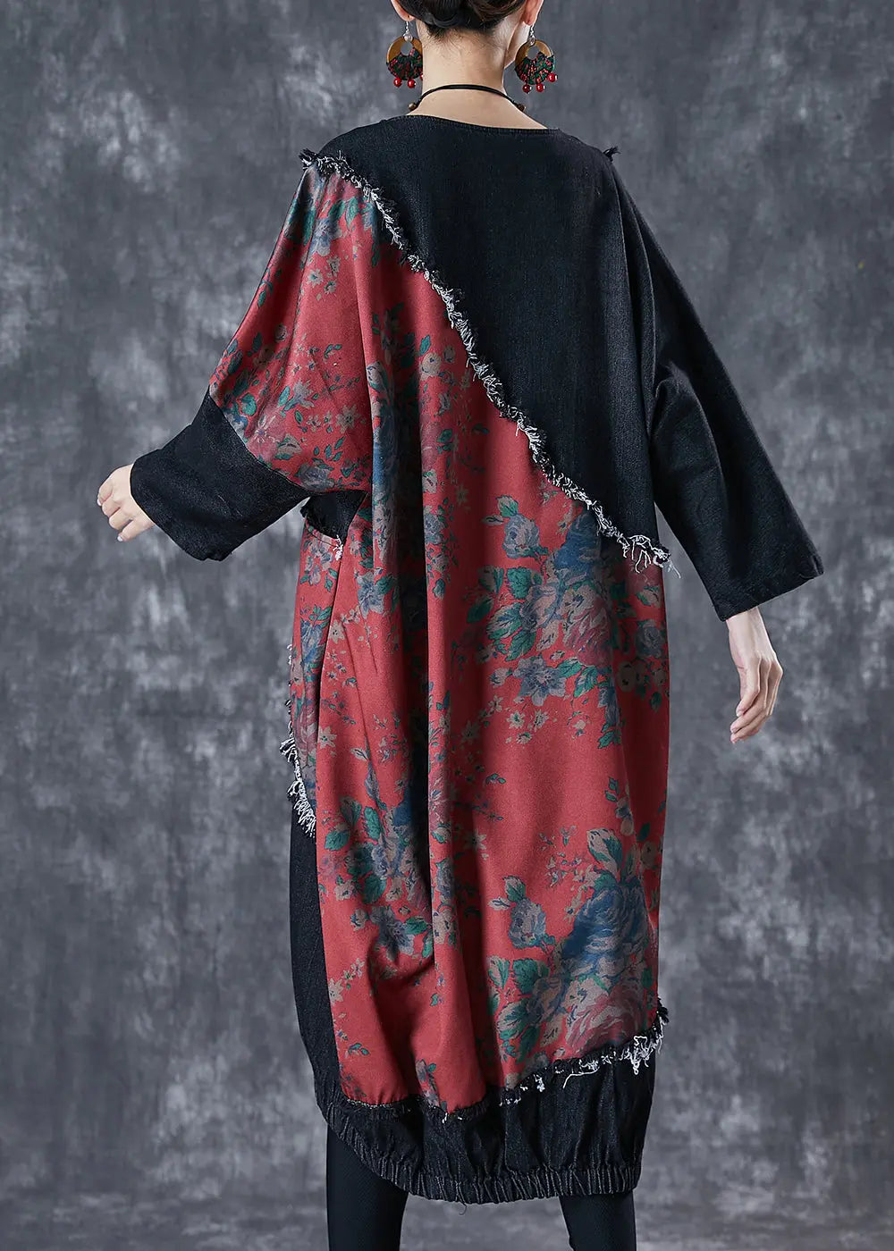 Bohemian Black Asymmetrical Patchwork Denim Holiday Dress Fall Ada Fashion