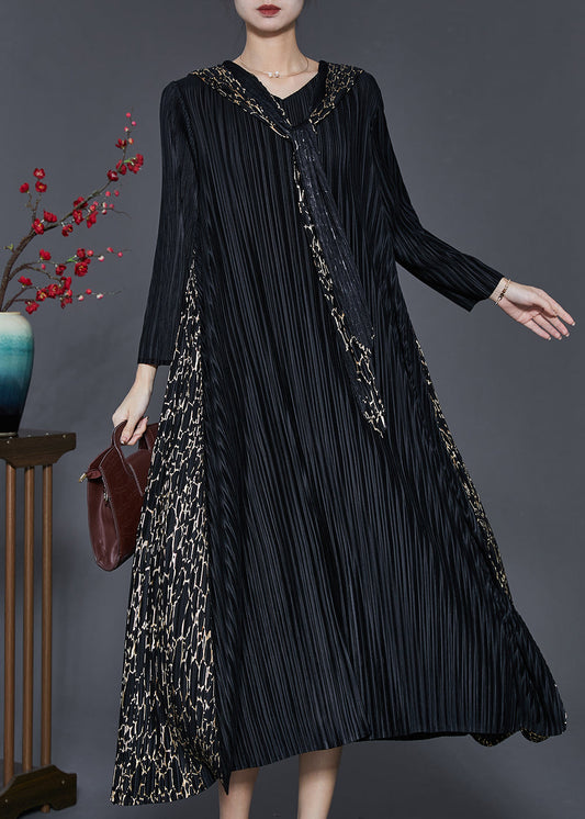 Bohemian Black Hooded Patchwork Wrinkled Maxi Dresses Spring SD1065