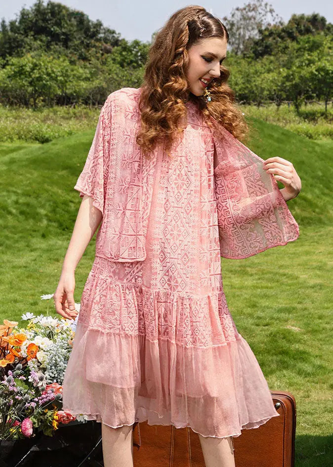 Bohemian Pink Embroidered Patchwork Long Dress Sleeveless Ada Fashion