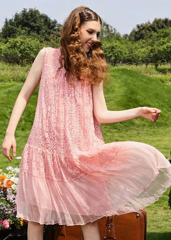 Bohemian Pink Embroidered Patchwork Long Dress Sleeveless Ada Fashion