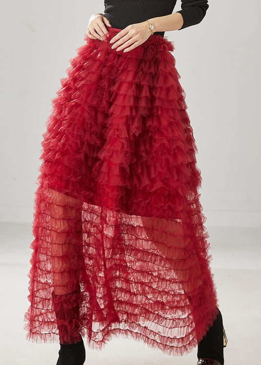 Bohemian Red Ruffled Tulle Skirt Summer YU1013