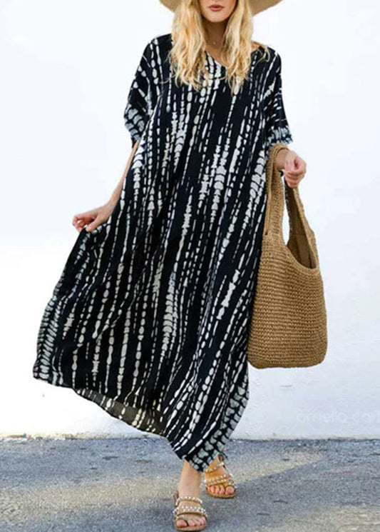 Boho Black O-Neck Striped Side Open Maxi Dresses Short Sleeve VB1035