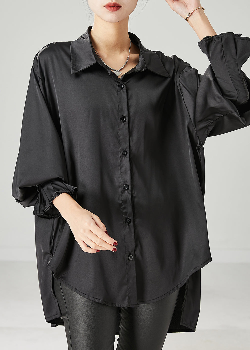 Boho Black Oversized draping Chiffon Blouses Spring YU1051