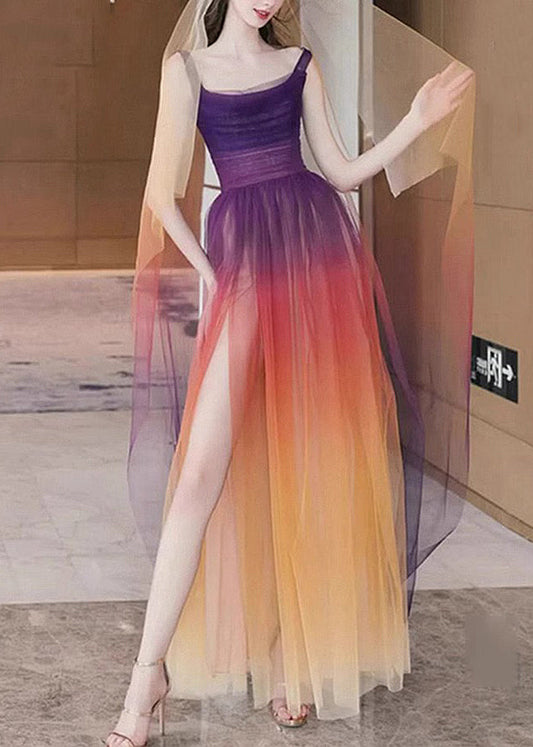Boho Gradient Color Side Open Tulle Spaghetti Strap Dress Sleeveless OP1026