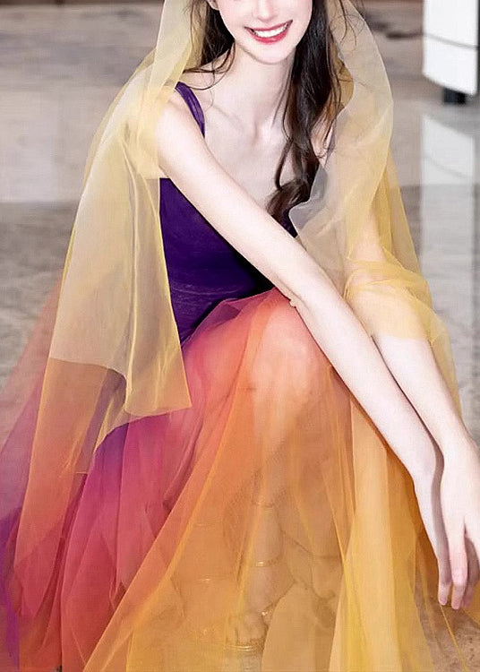 Boho Gradient Color Side Open Tulle Spaghetti Strap Dress Sleeveless OP1026