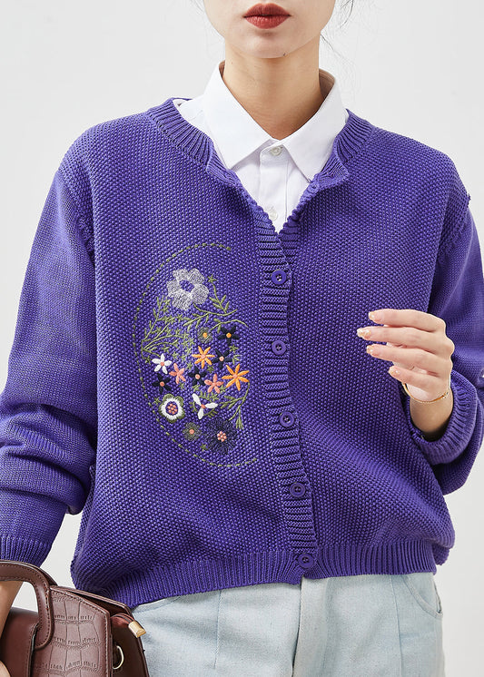Boho Purple Embroidered Knit Cardigans Spring YU1041