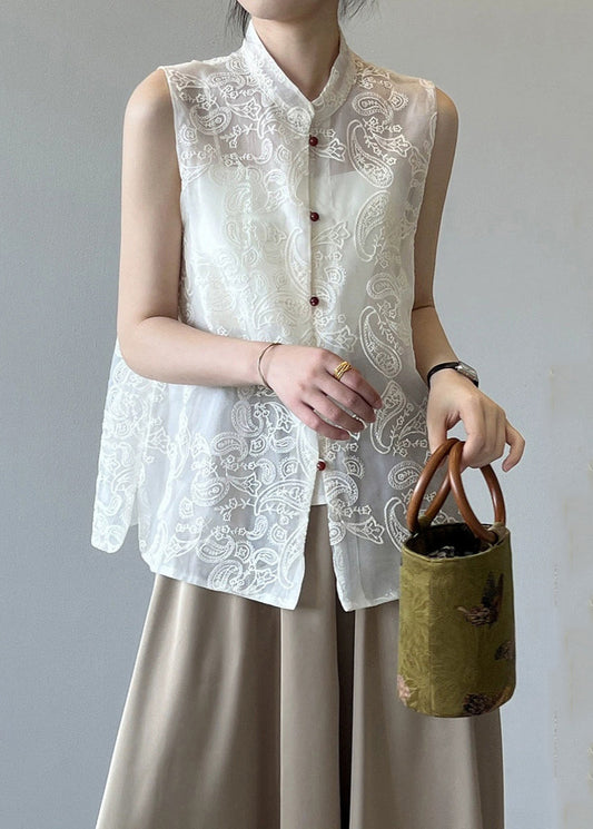 Boutique Beige Stand Collar Embroidered Tulle Waistcoat Summer VB1082