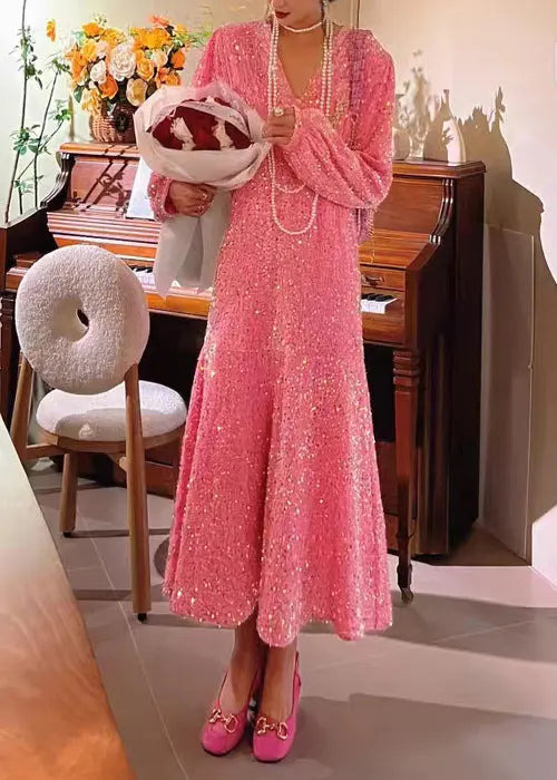 Boutique Pink V Neck Sequins Patchwork Velour Dresses Puff Sleeve Ada Fashion