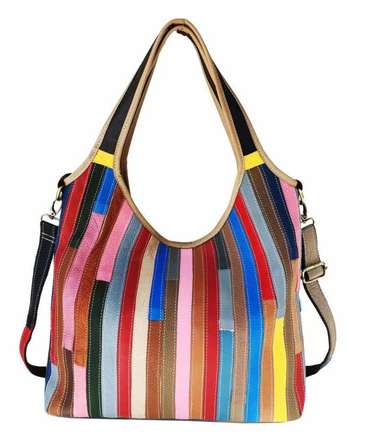 Boutique Striped Colorblock Calf Leather Satchel Bag Handbag HJ1044