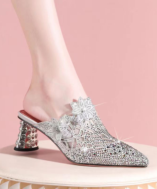 Boutique Zircon Splicing Chunky Heel Pointed Toe Pink Sheepskin Slide Sandals CZ1040