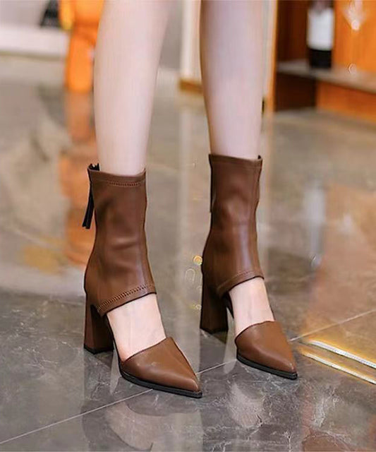 Brown Hollow Out Splicing Chunky Heel Boots Pointed Toe XC1017