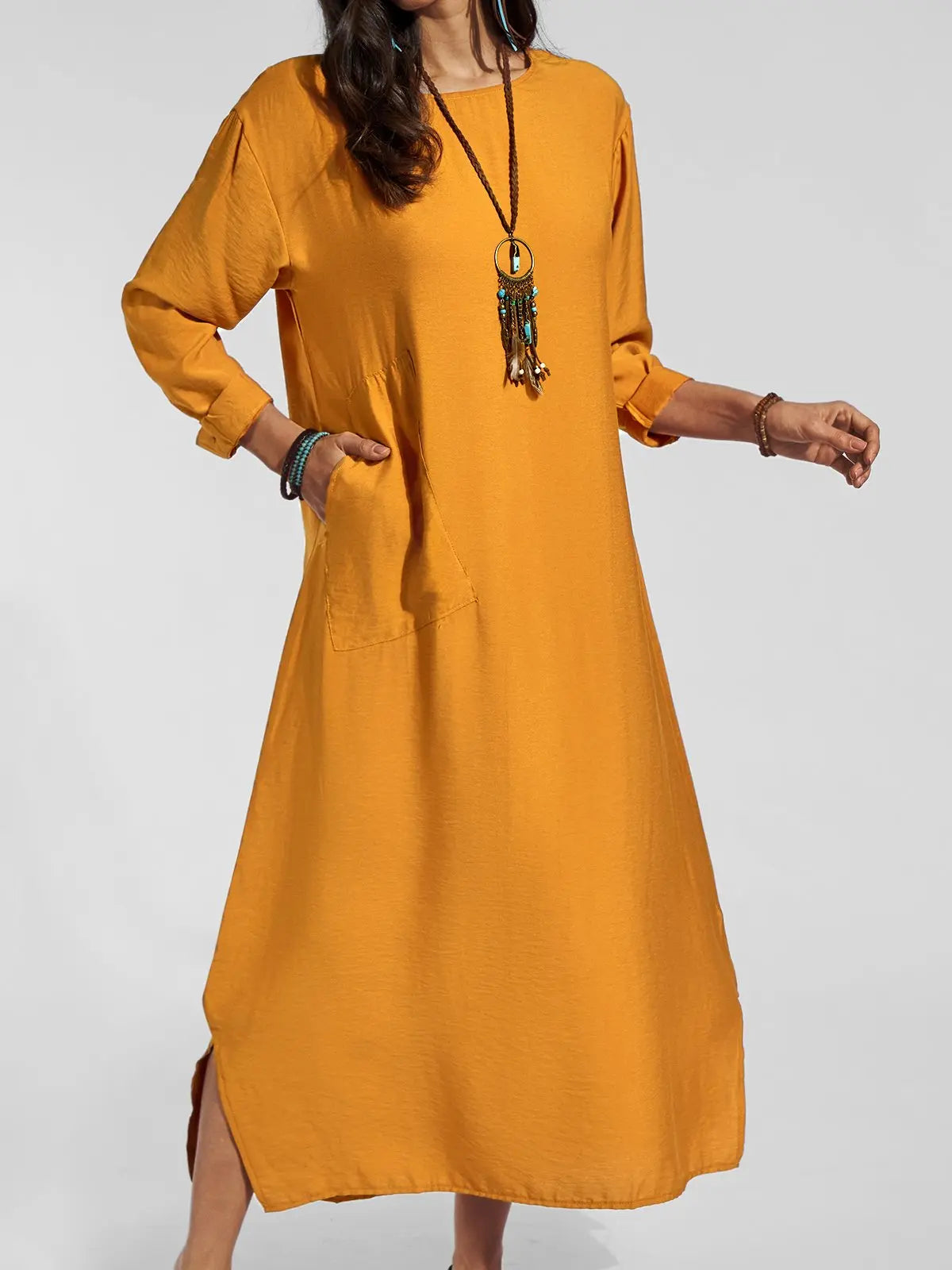 Casual Long Sleeve Cotton-Blend Shift Dresses mysite