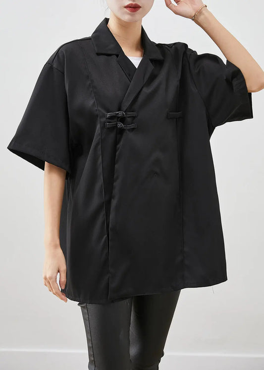 Chic Black Oversized Chinese Button Cotton Shirt Short Sleeve Ada Fashion