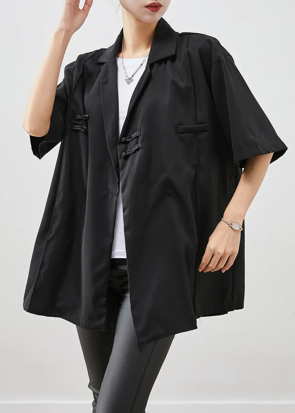 Chic Black Oversized Chinese Button Cotton Shirt Short Sleeve Ada Fashion