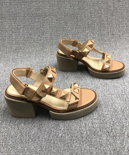Chic Camel Rivet Chunky Cowhide Leather Sandals RT1029