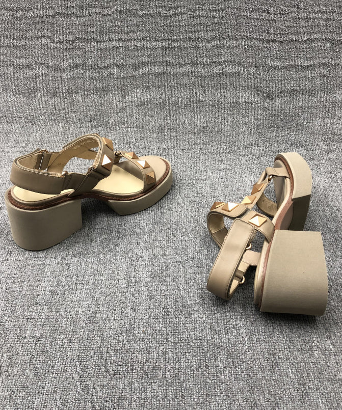 Chic Camel Rivet Chunky Cowhide Leather Sandals RT1029