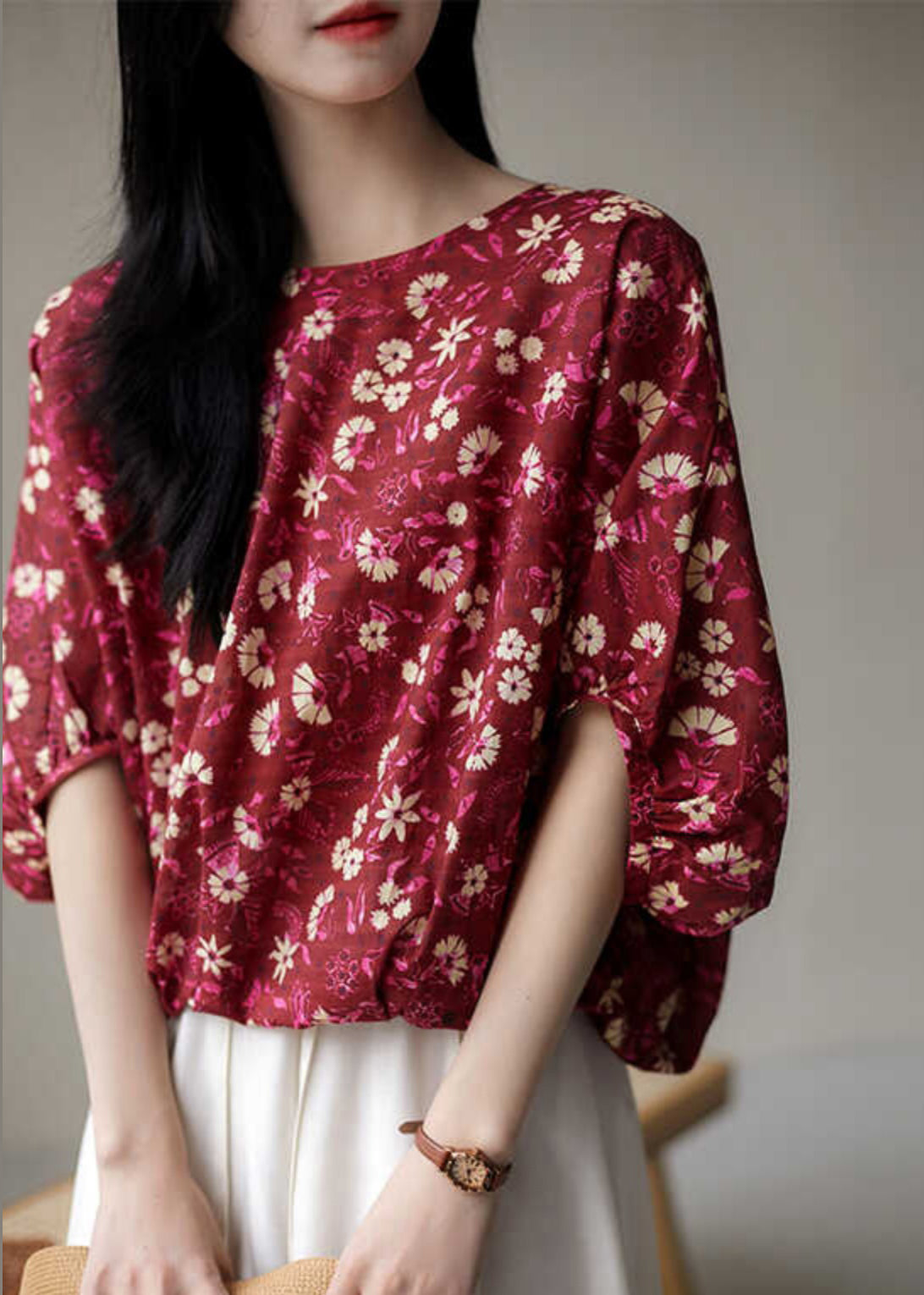 Chic Red Print Lace Up Cotton T Shirt Half Sleeve OP1001