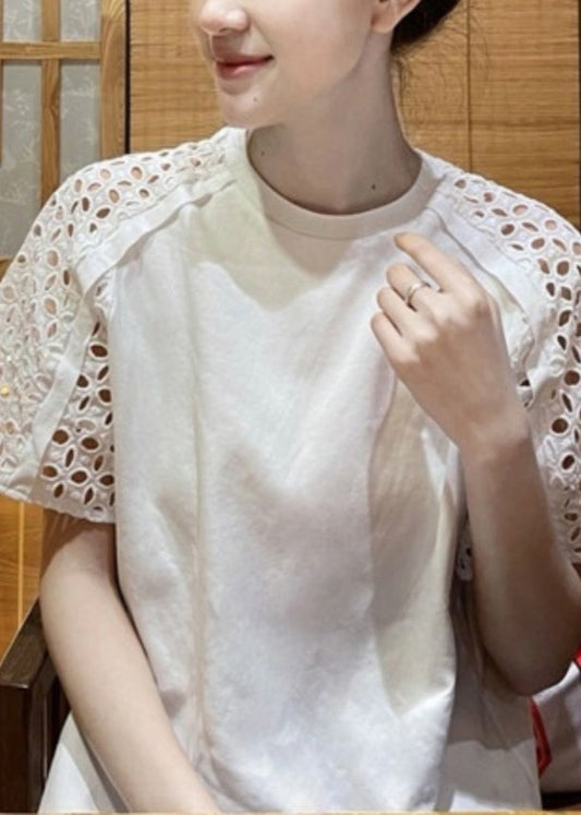 Chic White O-Neck Hollow Out T Shirt Short Sleeve VB1070