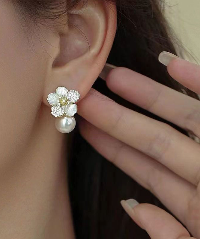 Chic White Sterling Silver Overgild Zircon Pearl Floral Stud Earrings KX1040