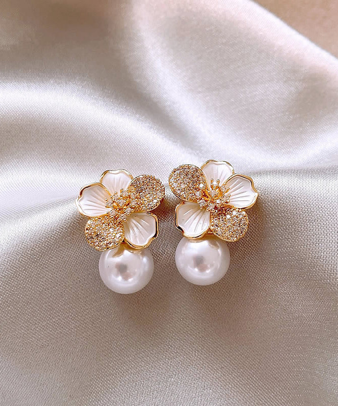 Chic White Sterling Silver Overgild Zircon Pearl Floral Stud Earrings KX1040