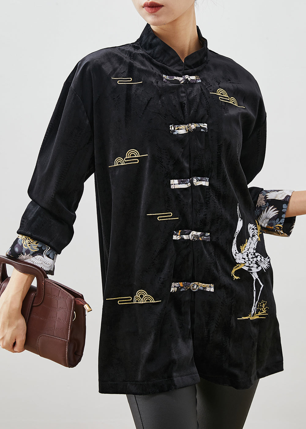 Chinese Style Black Mandarin Collar Embroidered Velour Shirts Spring YU1056
