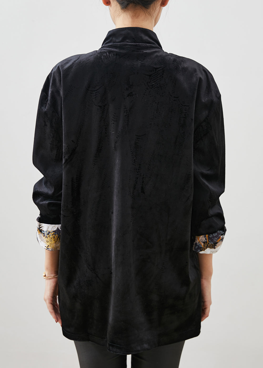 Chinese Style Black Mandarin Collar Embroidered Velour Shirts Spring YU1056