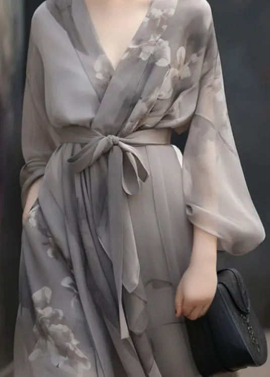 Chinese Style Grey V Neck Print Tie Waist Patchwork Chiffon Dress Fall Ada Fashion