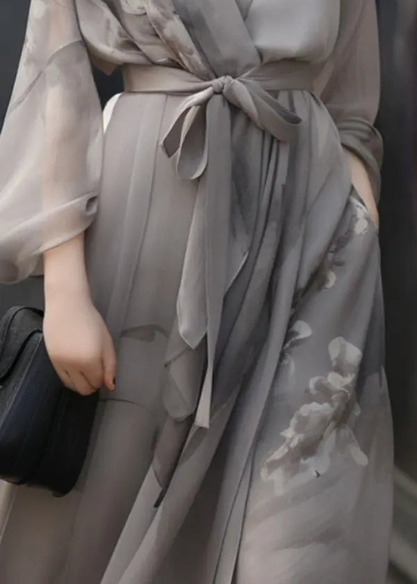 Chinese Style Grey V Neck Print Tie Waist Patchwork Chiffon Dress Fall Ada Fashion