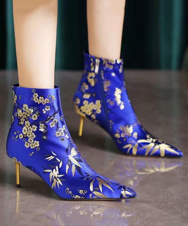 Chinese Style Handmade Embroidered Pointed Toe Slim Heel Short Boots CZ1023