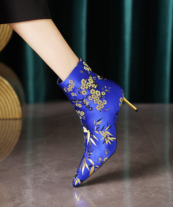 Chinese Style Handmade Embroidered Pointed Toe Slim Heel Short Boots CZ1023
