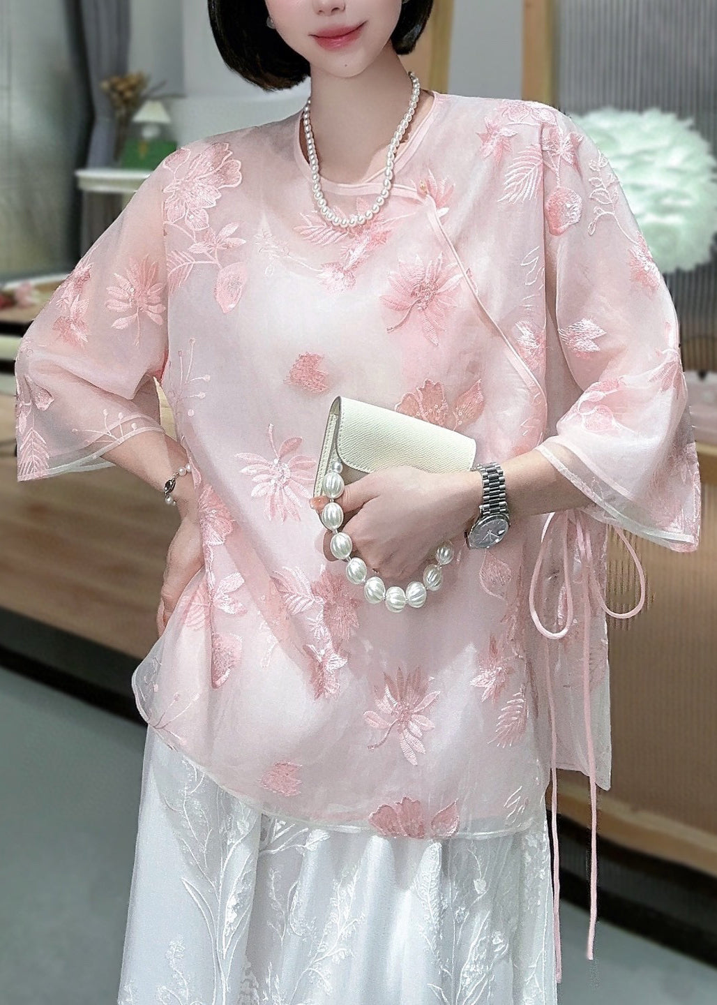 Chinese Style Pink Embroidered Lace Up Tulle Blouses Spring Ada Fashion