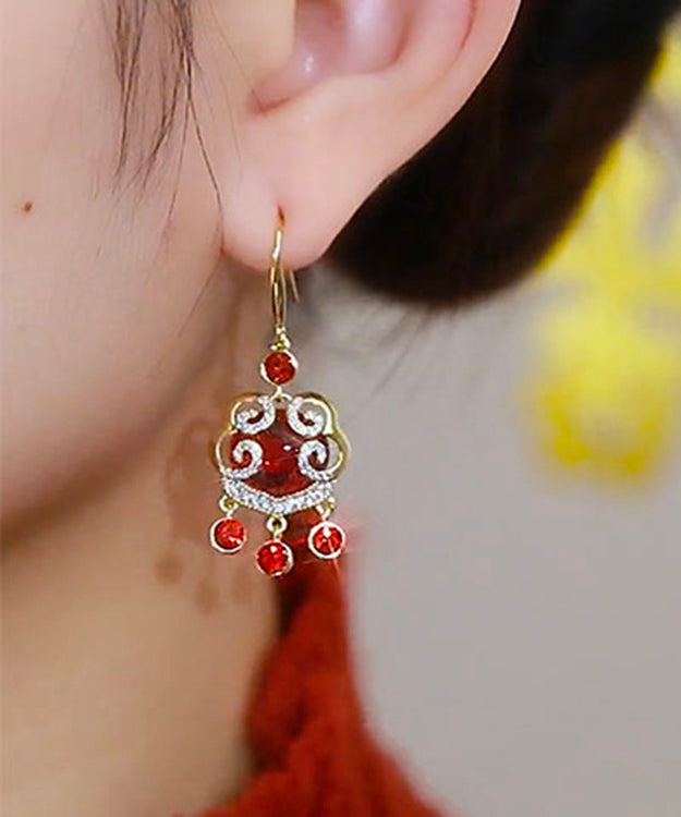 Chinese Style Red Sterling Silver Overgild Zircon Auspicious Clouds Ping Buckle Drop Earrings KX1042