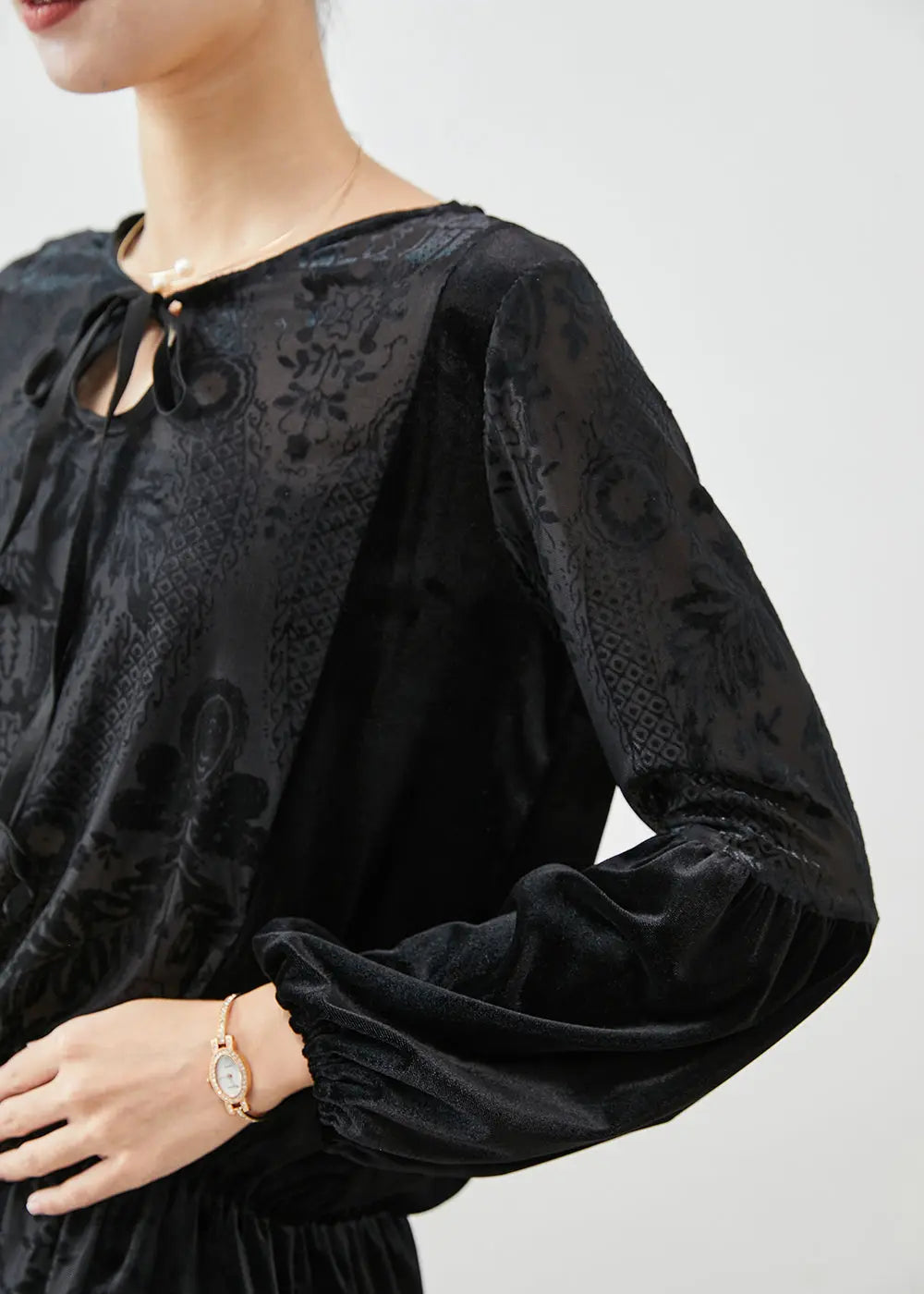 Classy Black Jacquard Tie Neck Silk Velour Tops Fall Ada Fashion