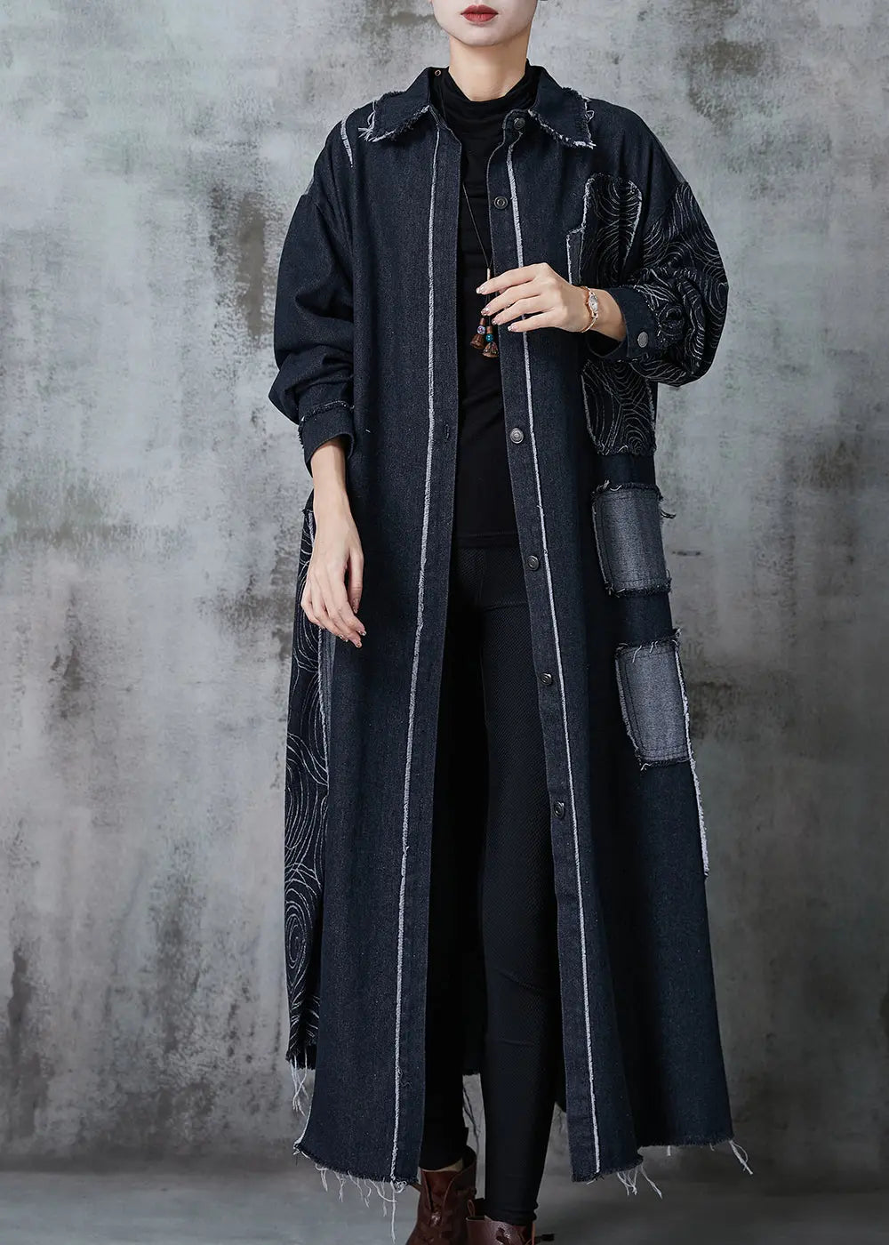 Classy Black Oversized Patchwork Applique Denim Coat Spring Ada Fashion
