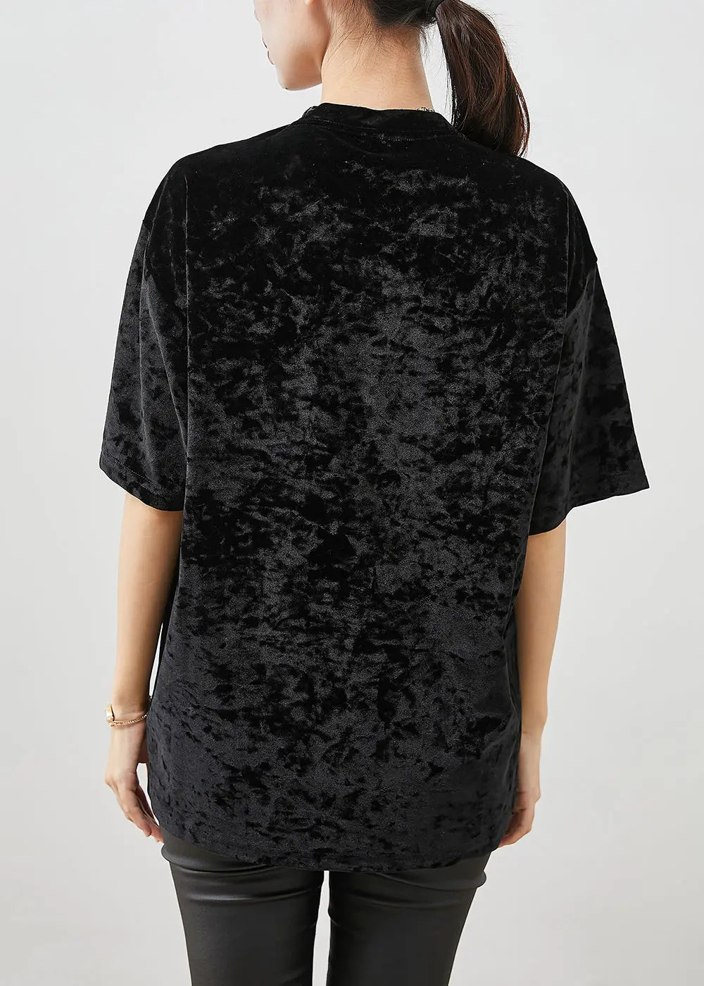 Classy Black Oversized Print Silk Velour Sweatshirt Short Sleeve Ada Fashion