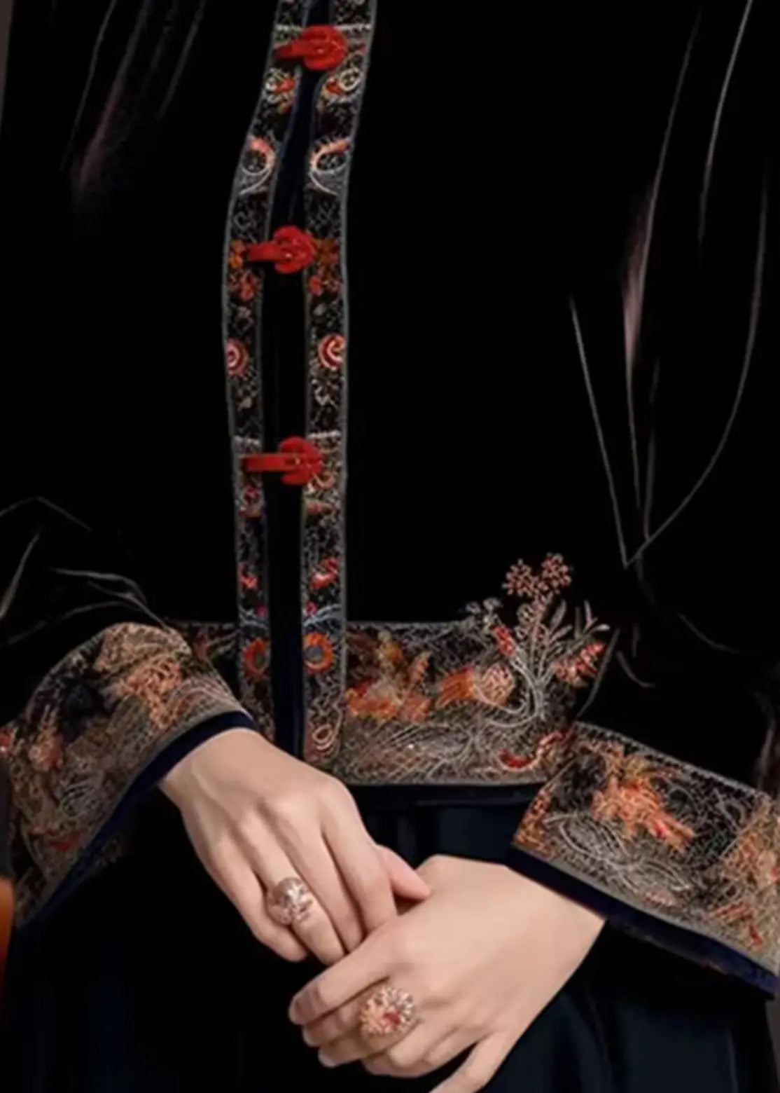 Classy Black Stand Collar Embroidered Silk Velour Coats Fall Ada Fashion
